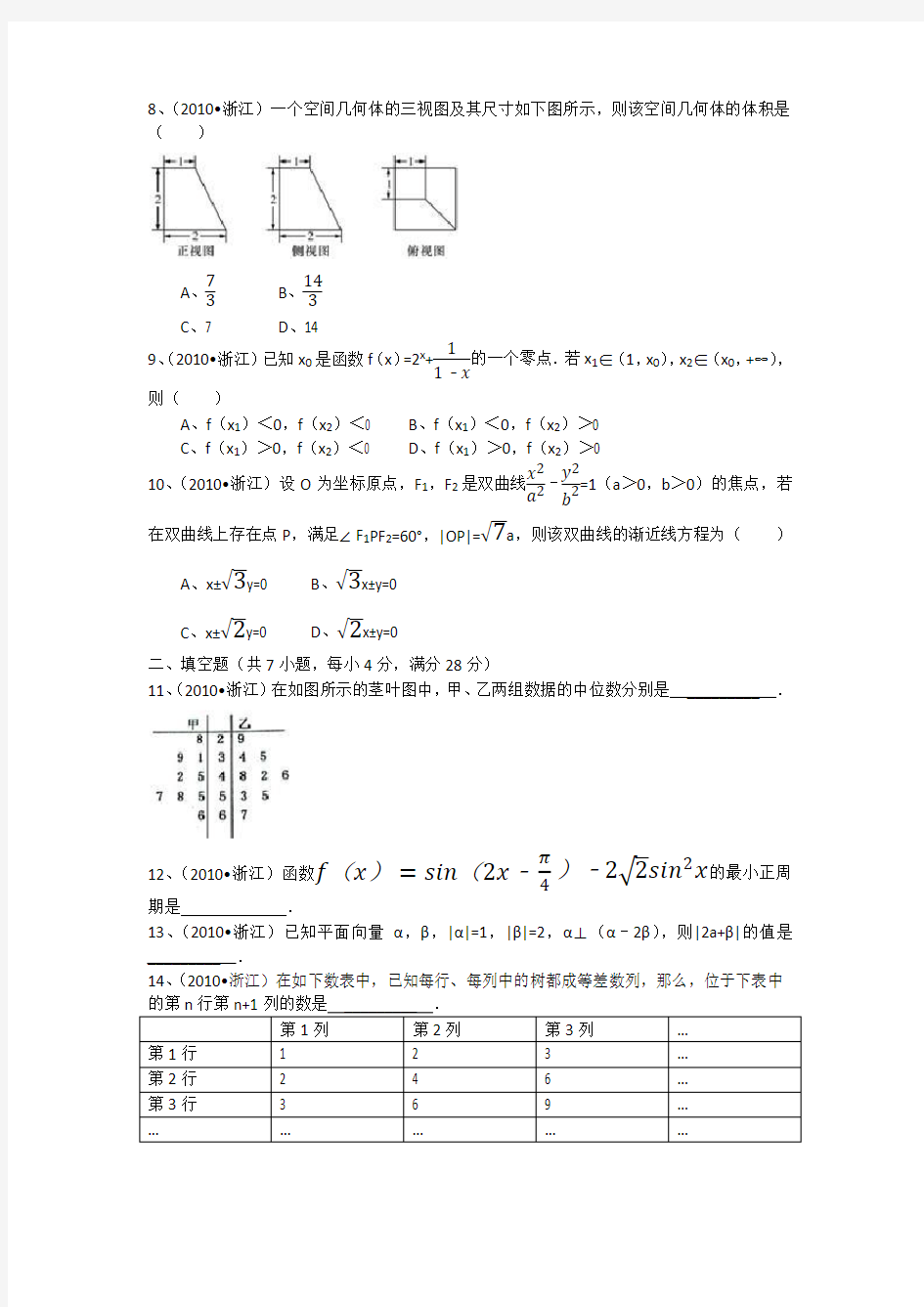 2010年浙江省高考数学试卷(文科)