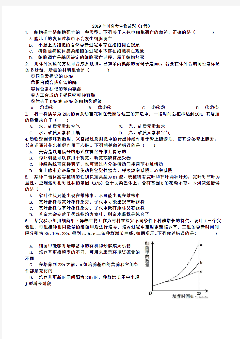 2019年生物高考真题(全国卷123)