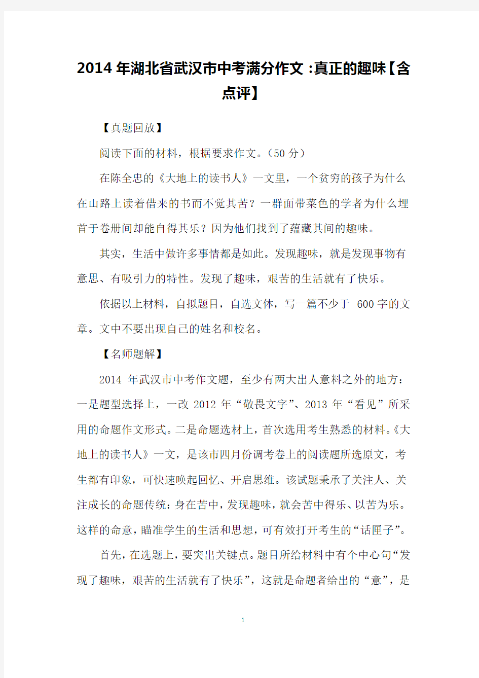2014年湖北省武汉市中考满分作文：真正的趣味【含点评】