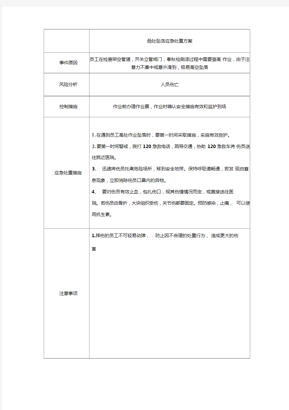 高处坠落应急处置方案