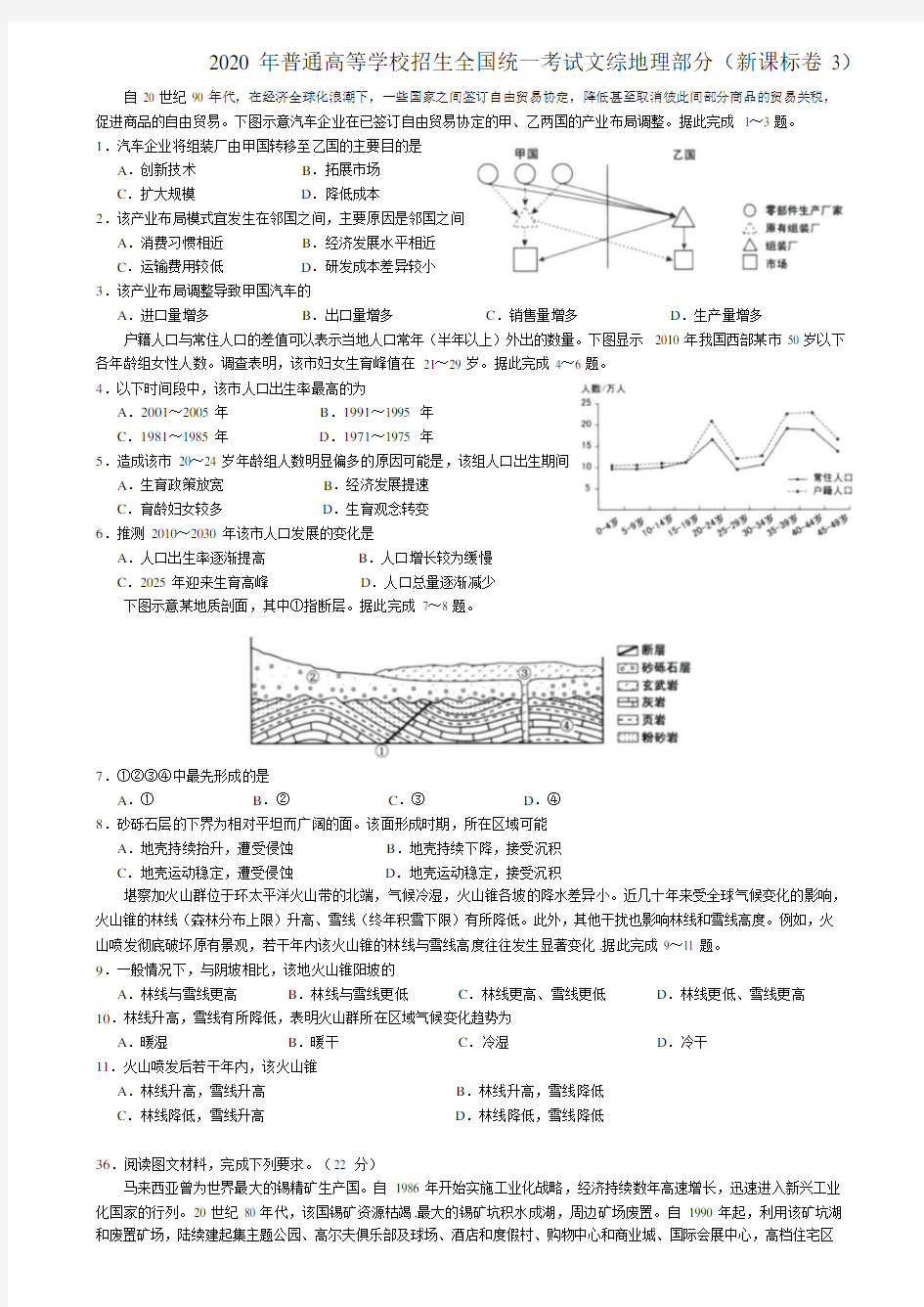 2020 年普通高等学校招生全国统一考试文综地理部分(新课标卷3)