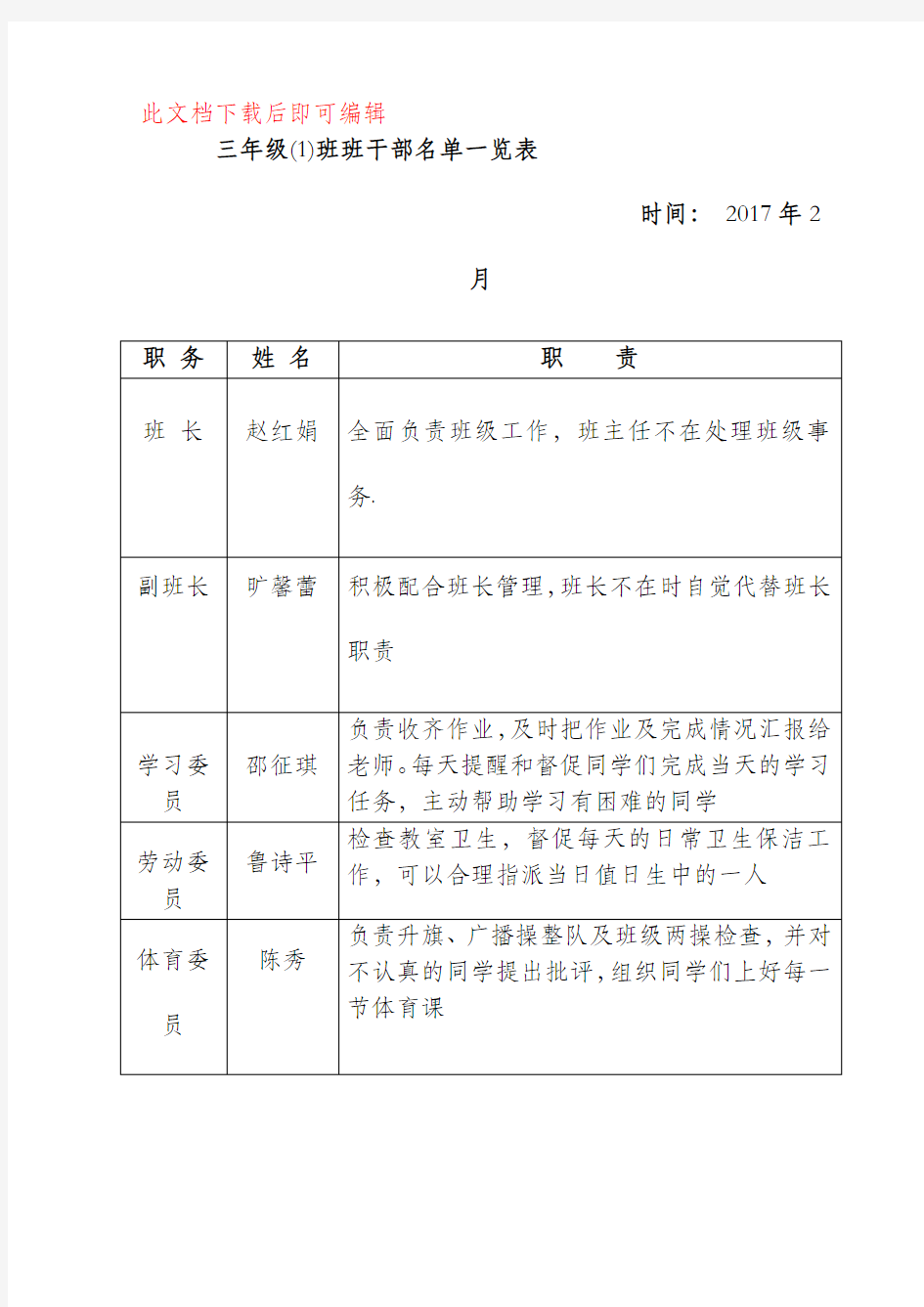 班干部名单一览表(完整资料).doc