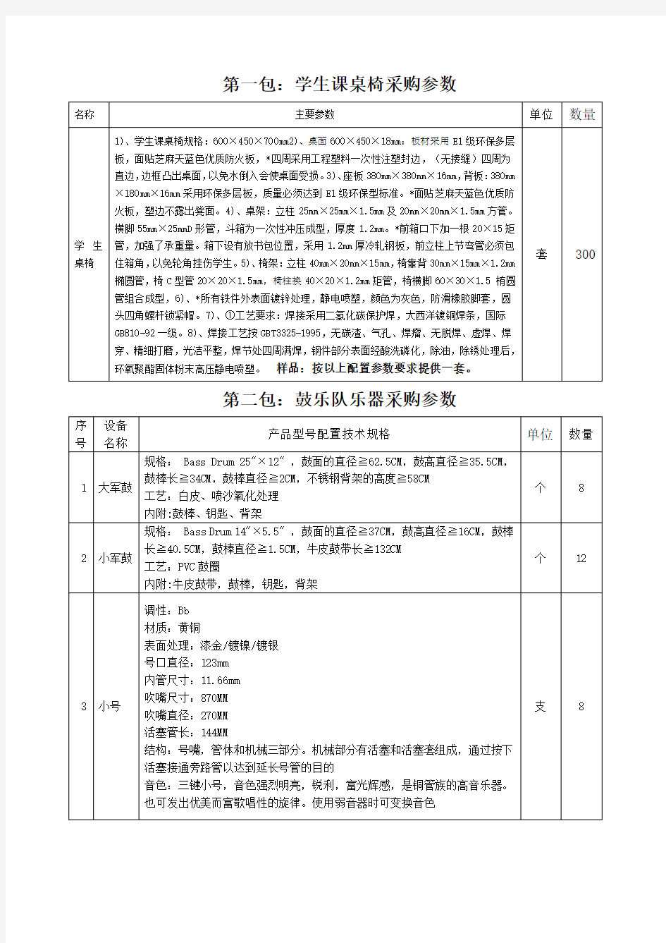 第一包学生课桌椅采购参数