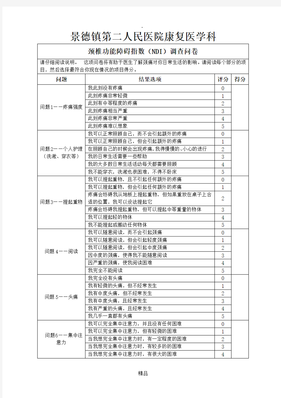 颈椎功能障碍指数(NDI)调查问卷