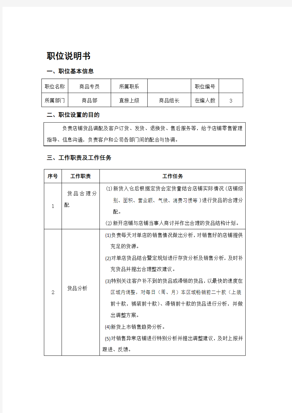 商品部商品专员职位说明书