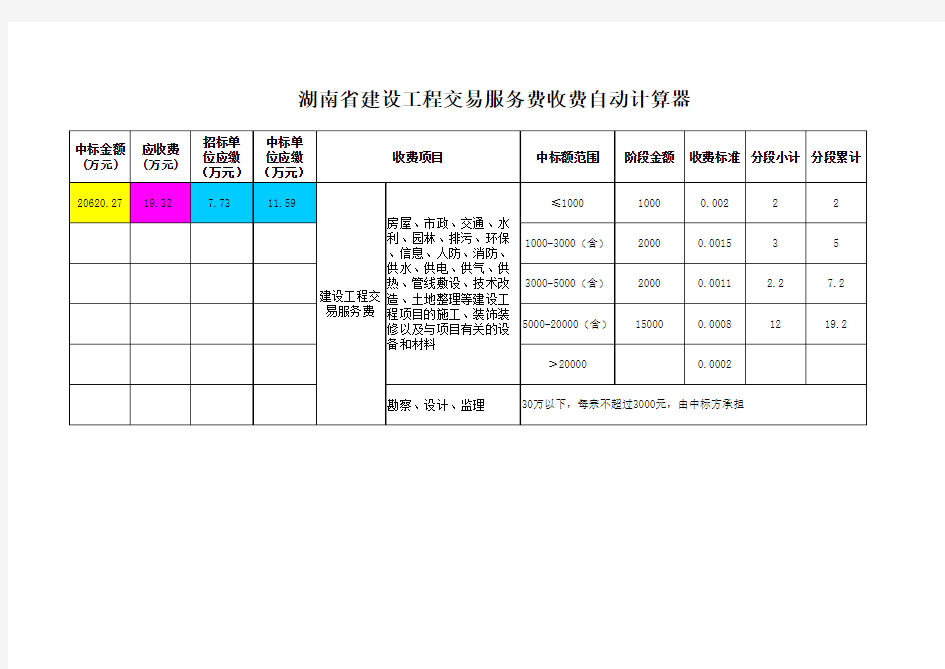 湖南省建设工程交易服务费收费自动计算器