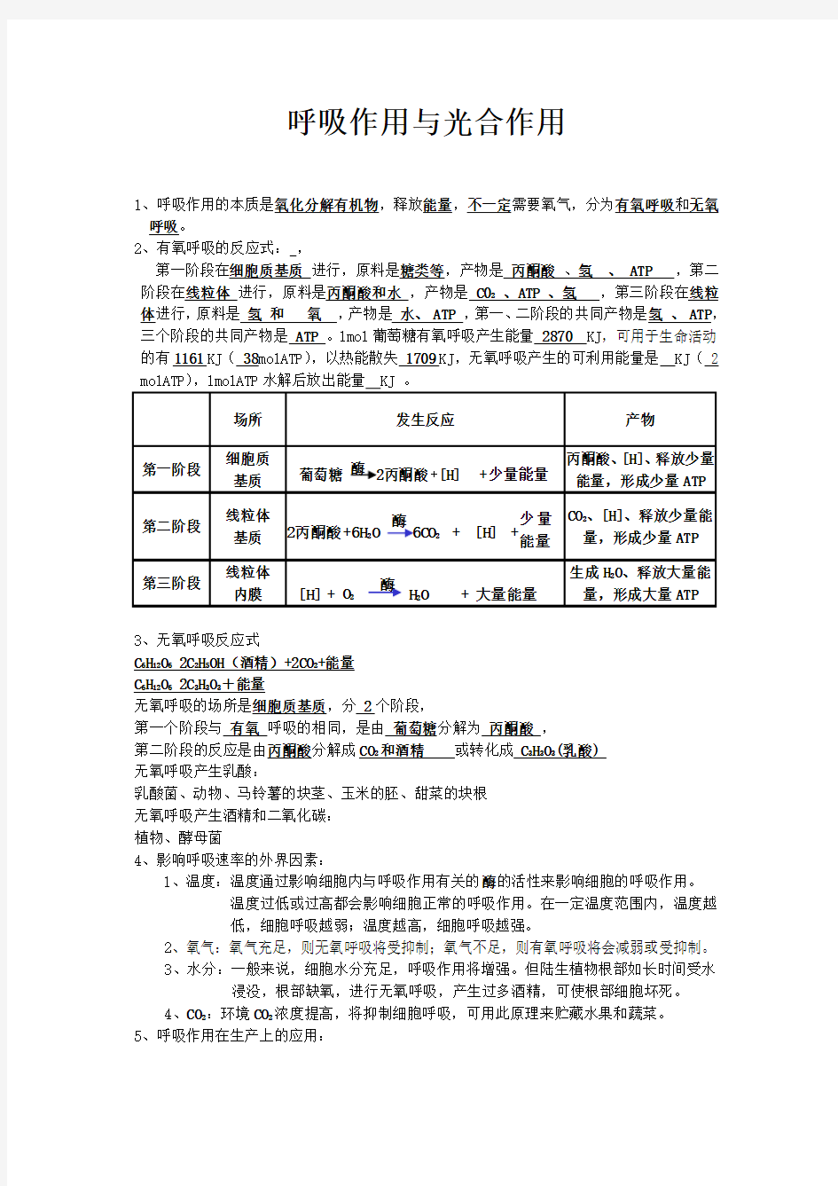 高考生物知识点---光合作用和呼吸作用