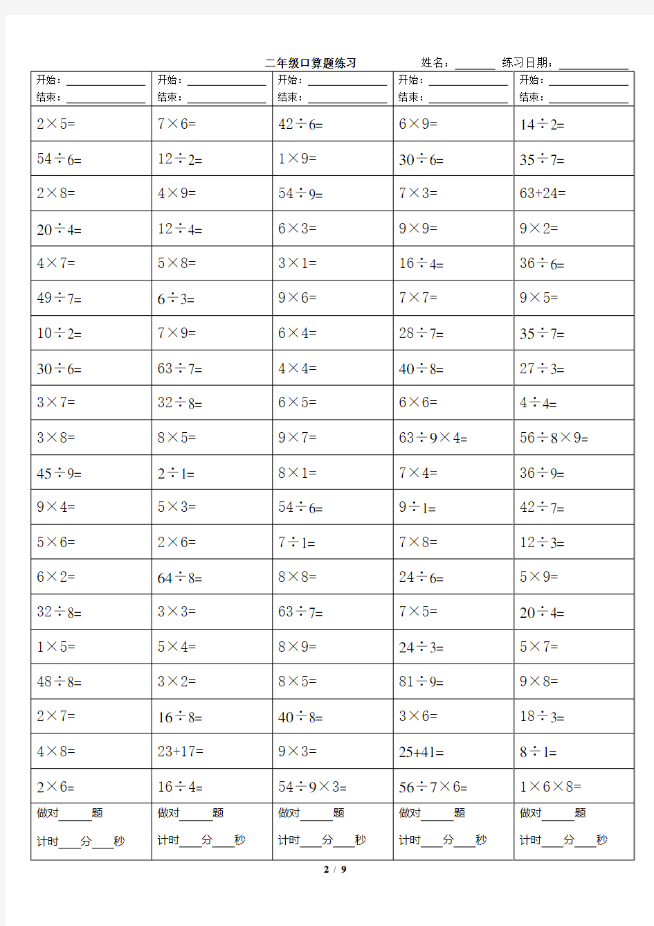 (完整)二年级乘除法口算题(A4纸打印版)