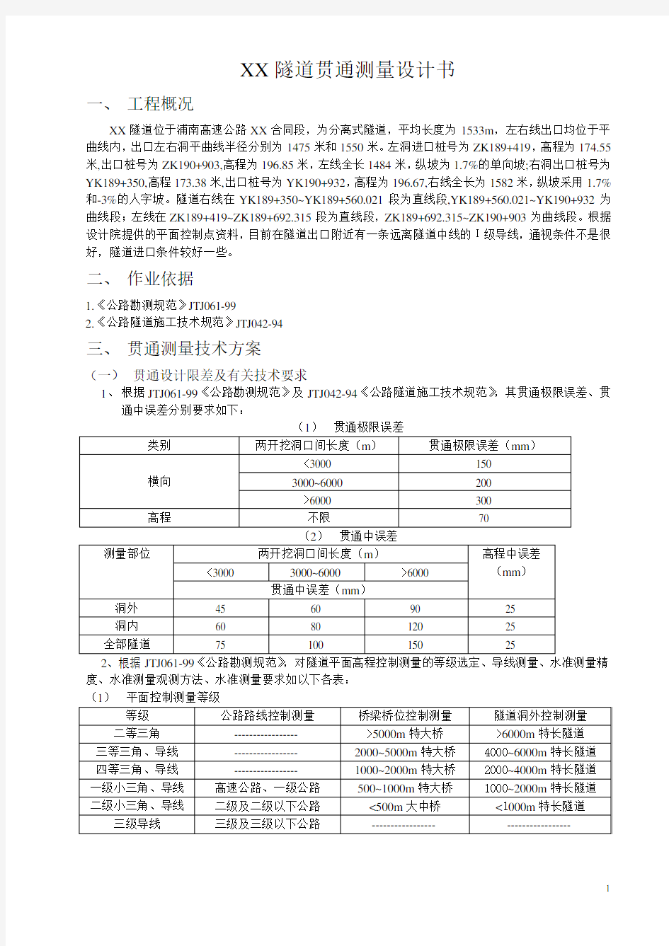 【高速公路方案】高速公路某同段隧道贯通量测设计方案