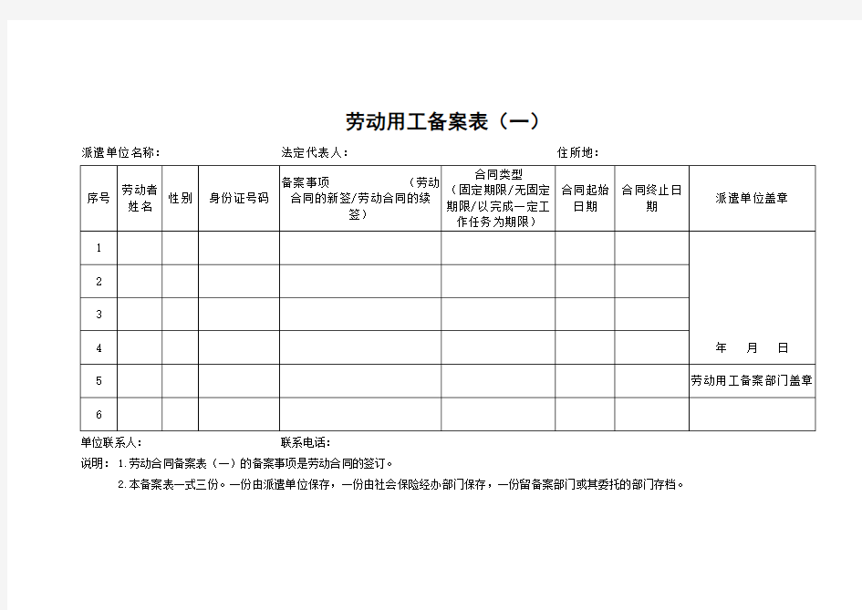 劳动用工备案表(一)