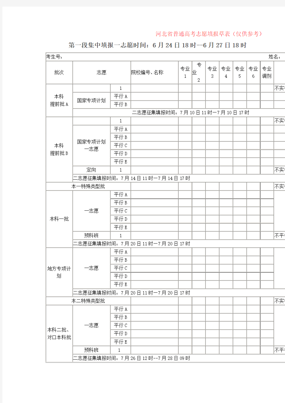 河北省普通高考志愿填报草表