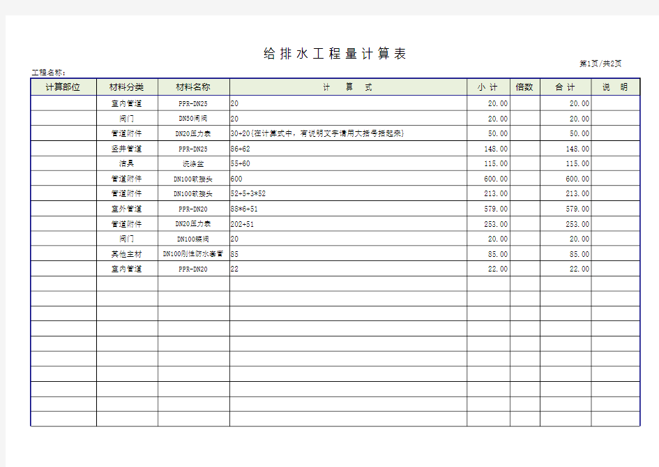 给排水工程计算表