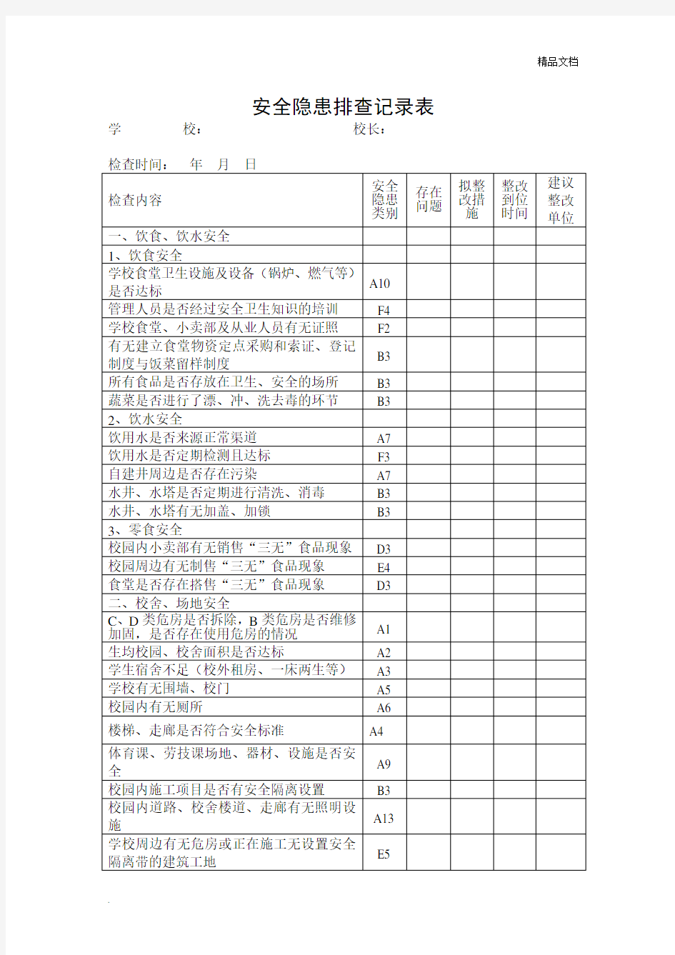 安全隐患排查记录表模板