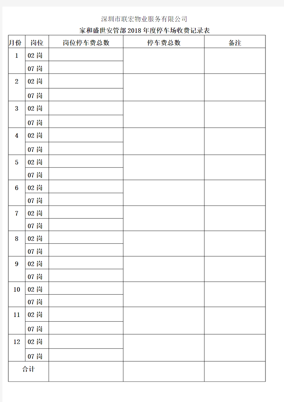 2018年度停车费收费记录表