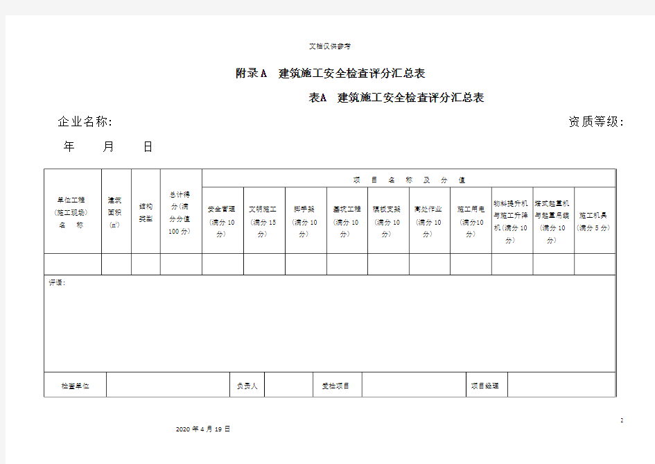 建筑施工安全检查标准附录检查评分表