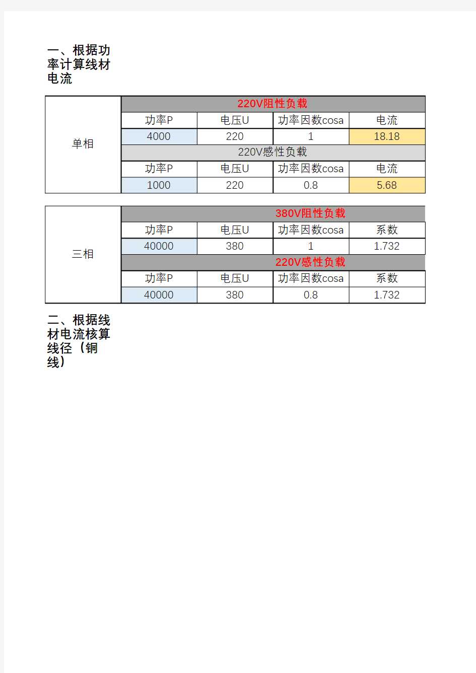 功率电流计算公式