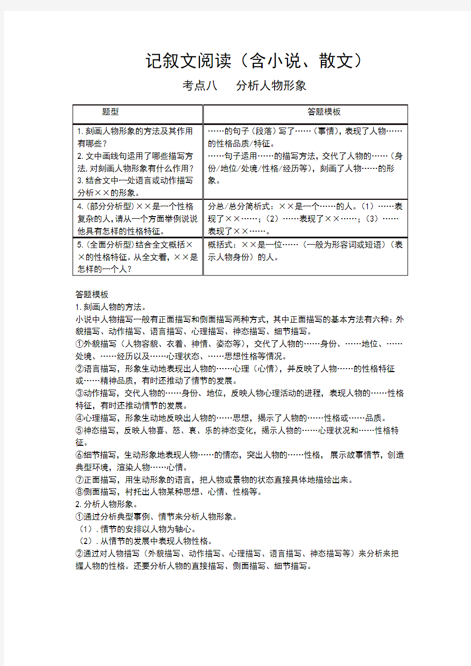 中考语文现代文(含小说、散文)阅读专题复习：分析人物形象   答题思路