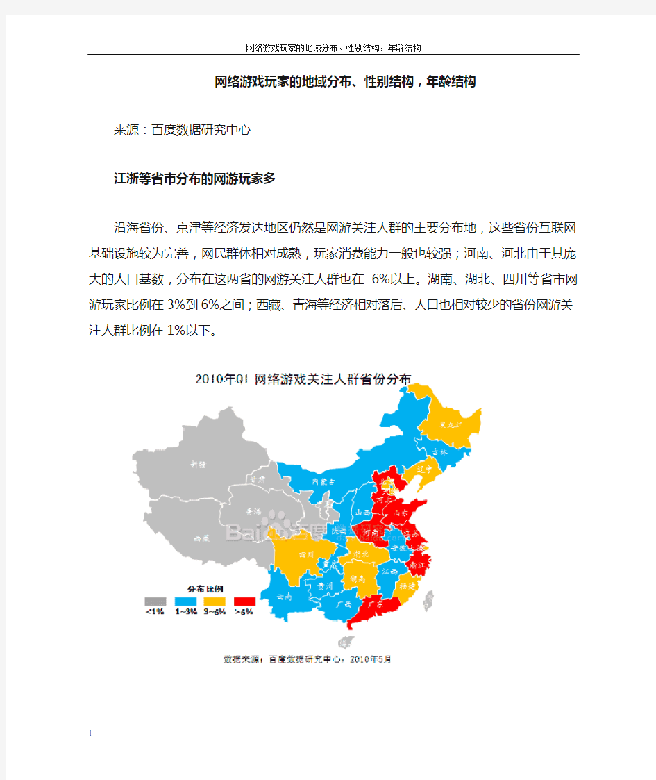 网络游戏玩家的地域分布、性别结构及年龄结构