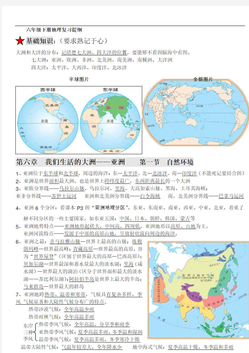 六年级下册地理知识点图解