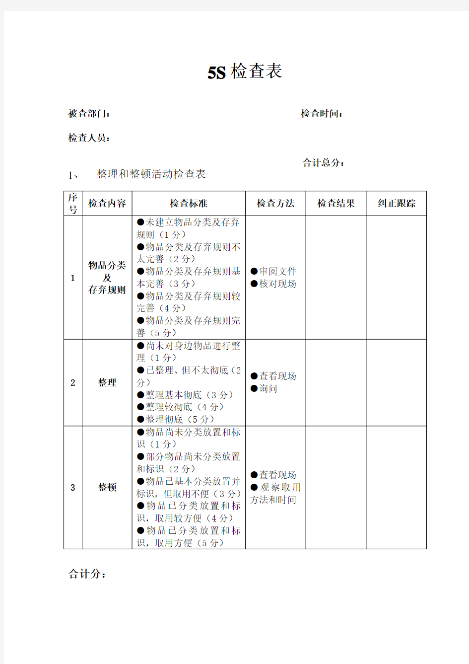 通用5S检查表