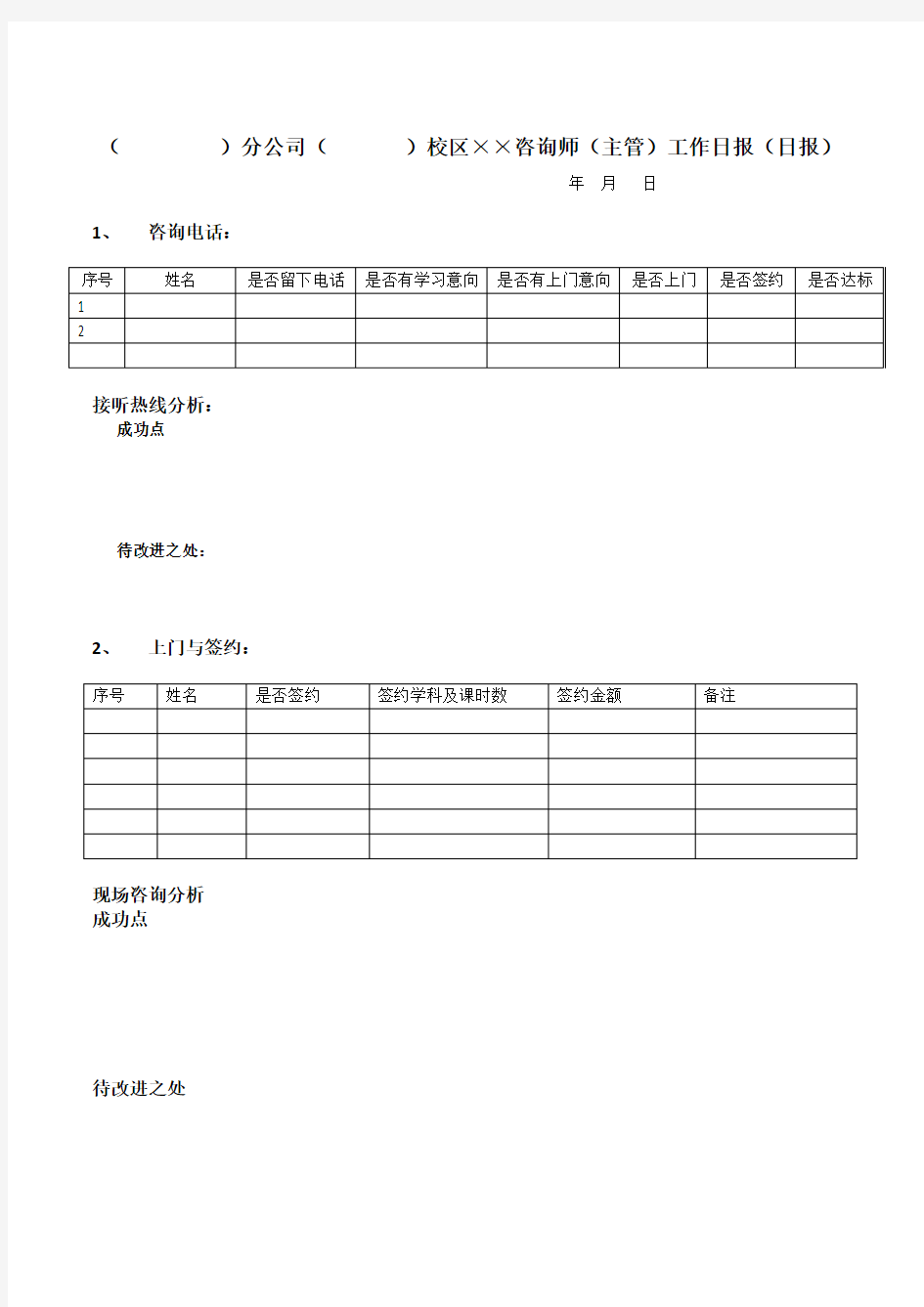 培训学校一对一系列-工作日报模板