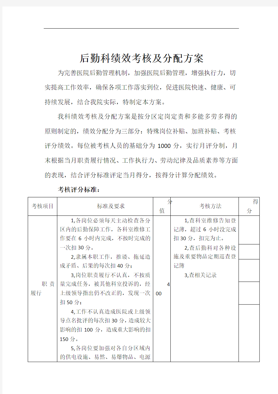 后勤科绩效考核及分配方案