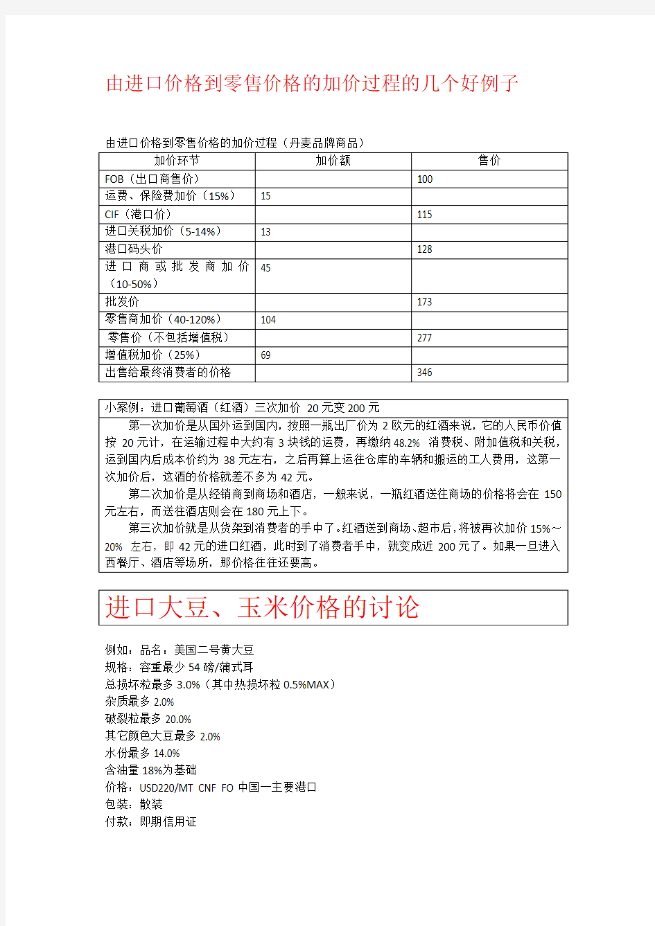 由进口价格到零售价格的加价过程