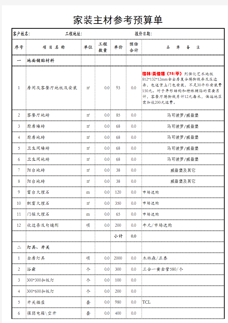 家装主材预算清单