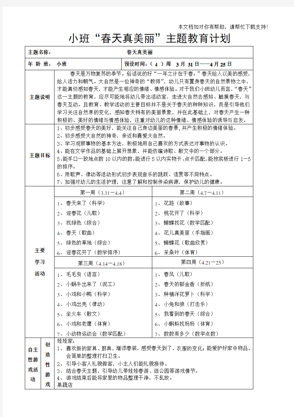 小班春天真美丽”主题网络计划