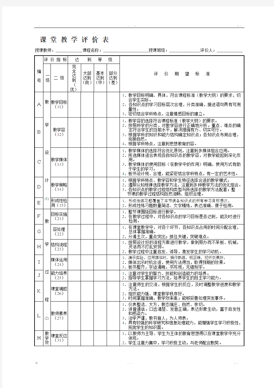 课 堂 教 学 评 价 表