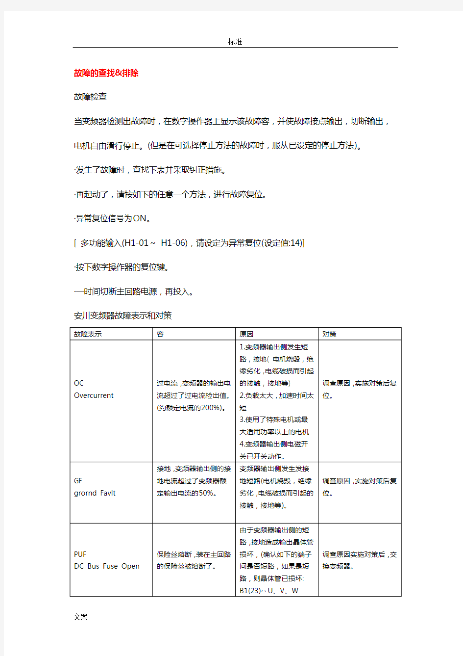 安川变频器故障地查找、分析报告、排除