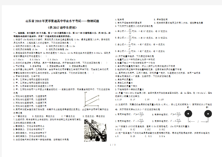 山东省2018年夏季普通高中学业水平考试(含答案)