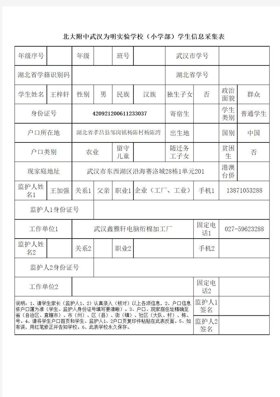 小学信息采集表