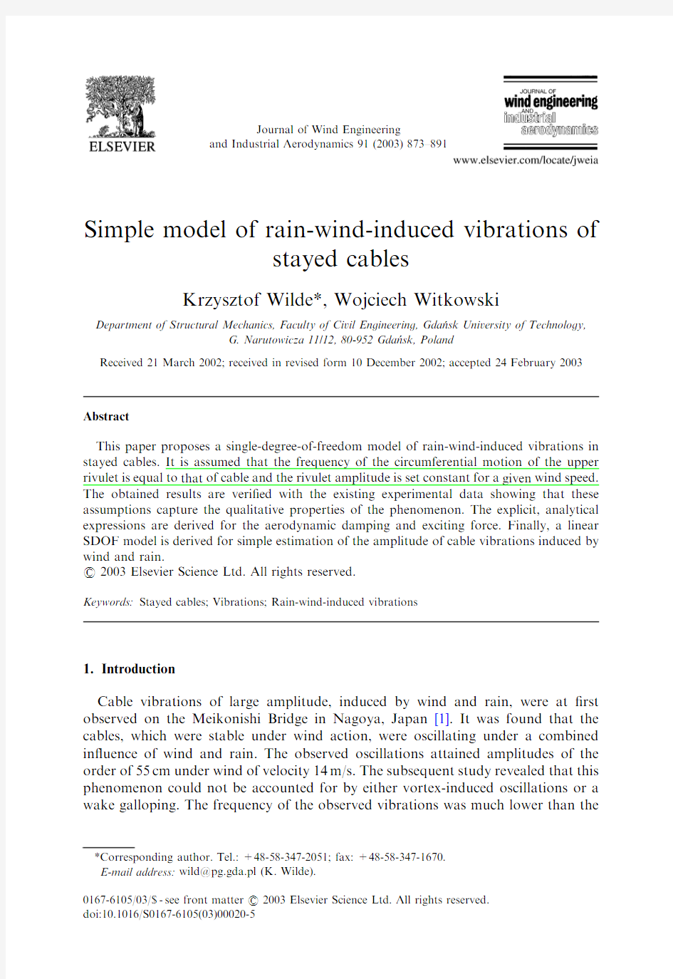 Krzysztof Wilde：Simple model of rain-wind-induced vibrations of stayed cables