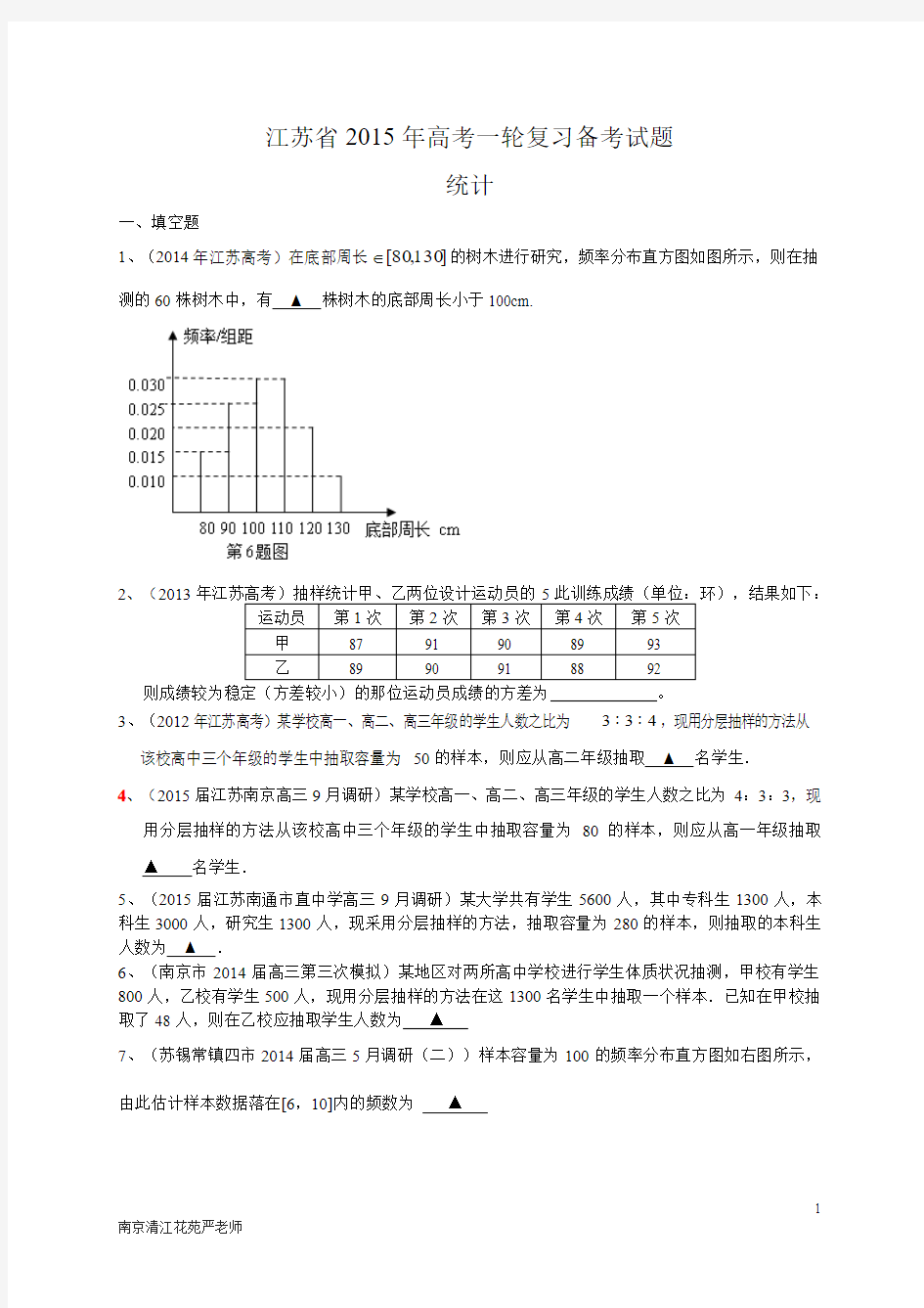江苏省2015届高三数学一轮复习备考试题：统计(含答案)