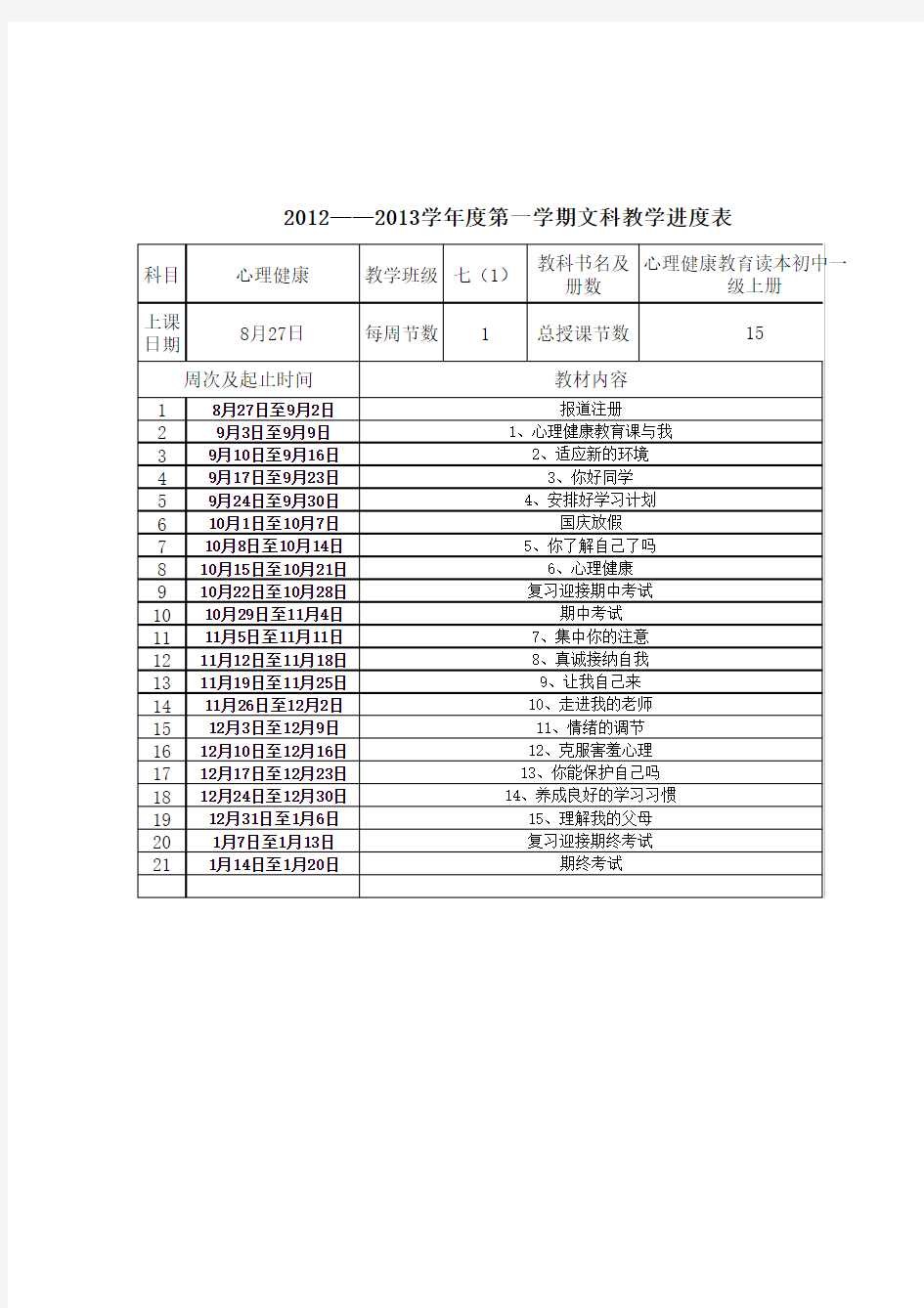 心理健康进度表 工作表