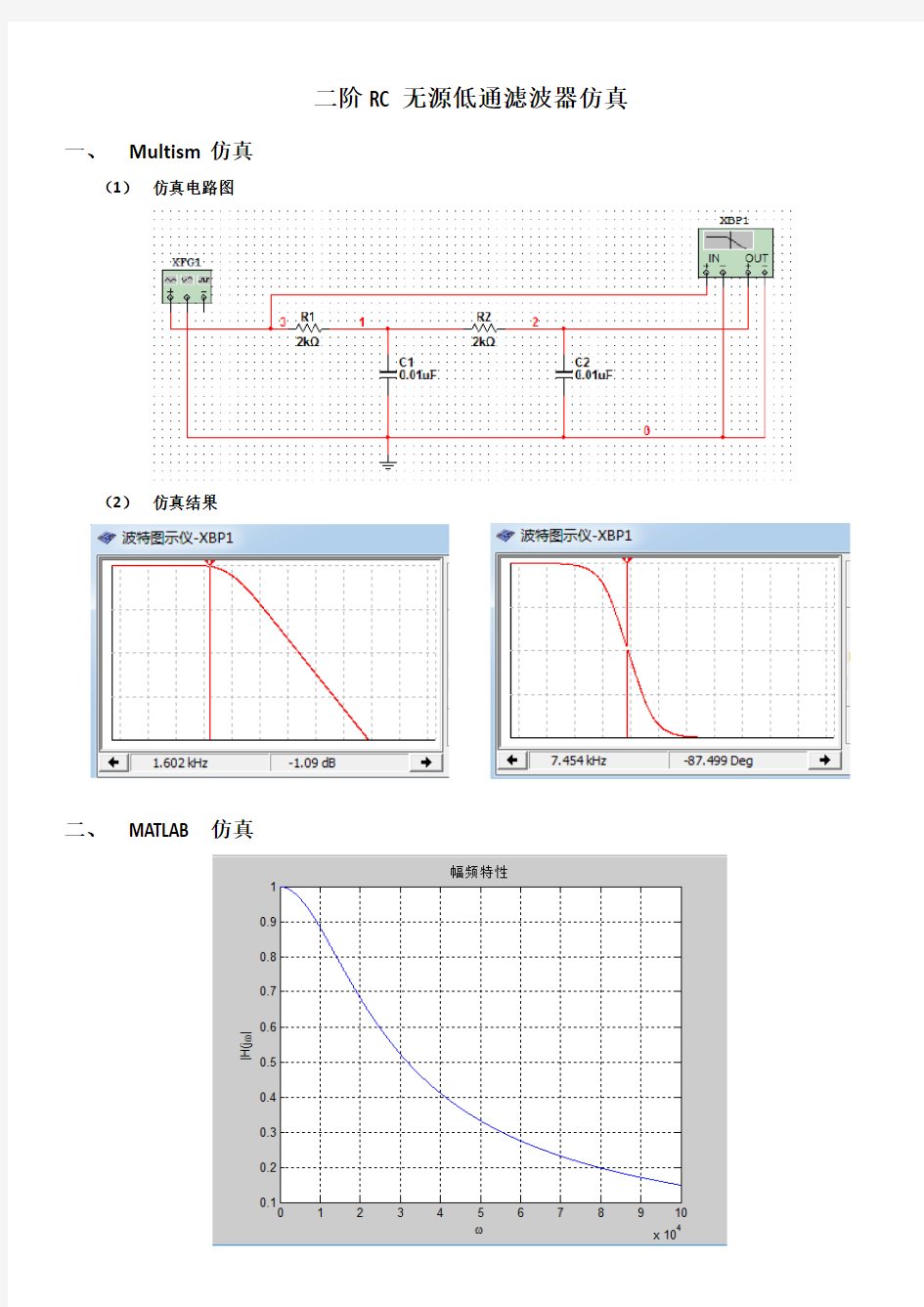 二阶RC无源低通滤波器仿真