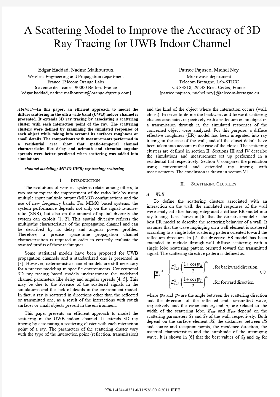 A Scattering Model to Improve the Accuracy of 3D Ray Tracing for UWB Indoor Channel