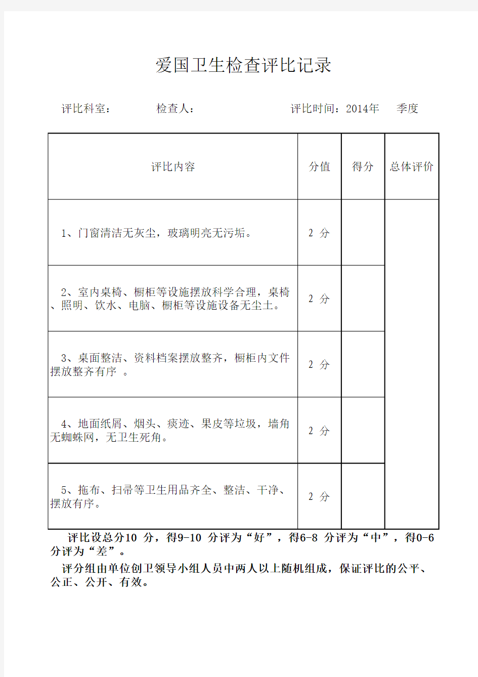 爱国卫生检查评比记录