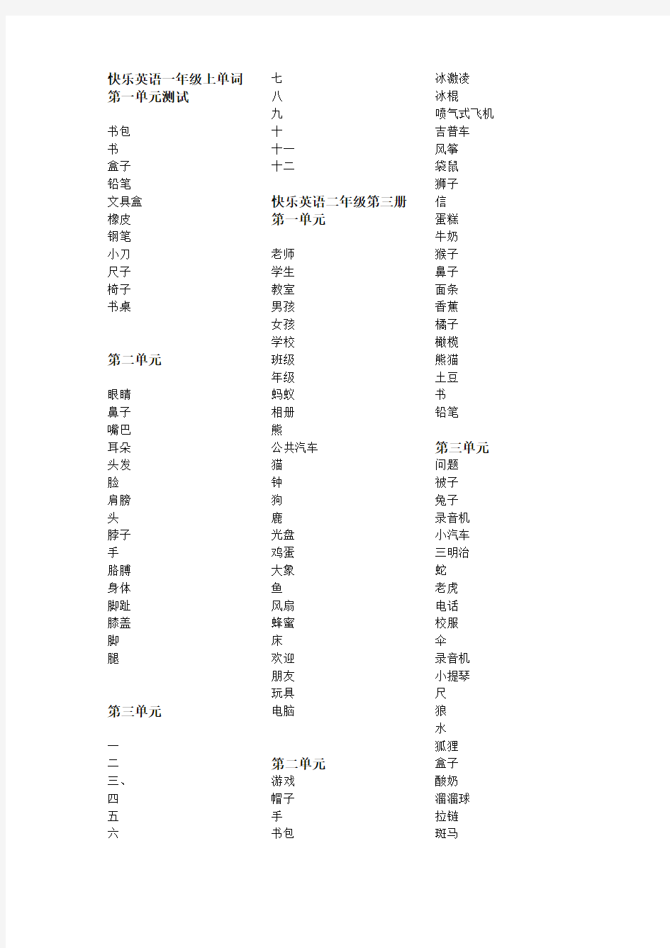 测试快乐英语一至六年级上册单词中文原稿