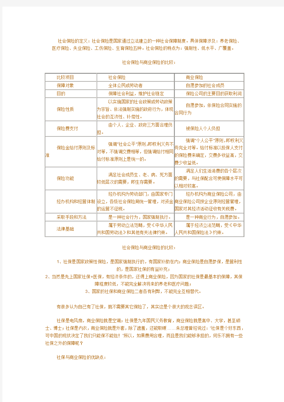 社会保险与商业保险的比较