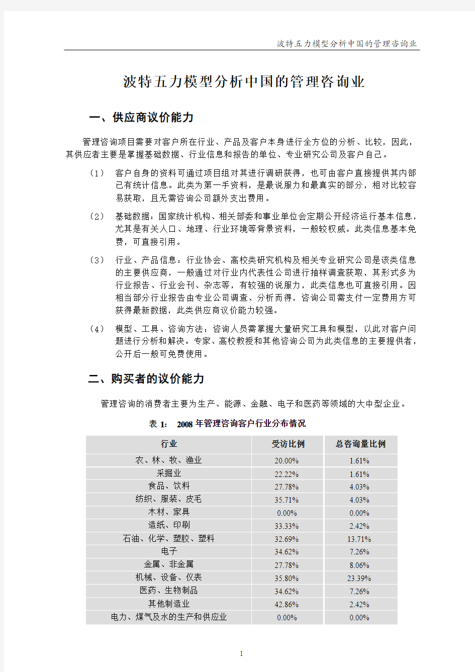 波特五力模型分析中国的管理咨询业