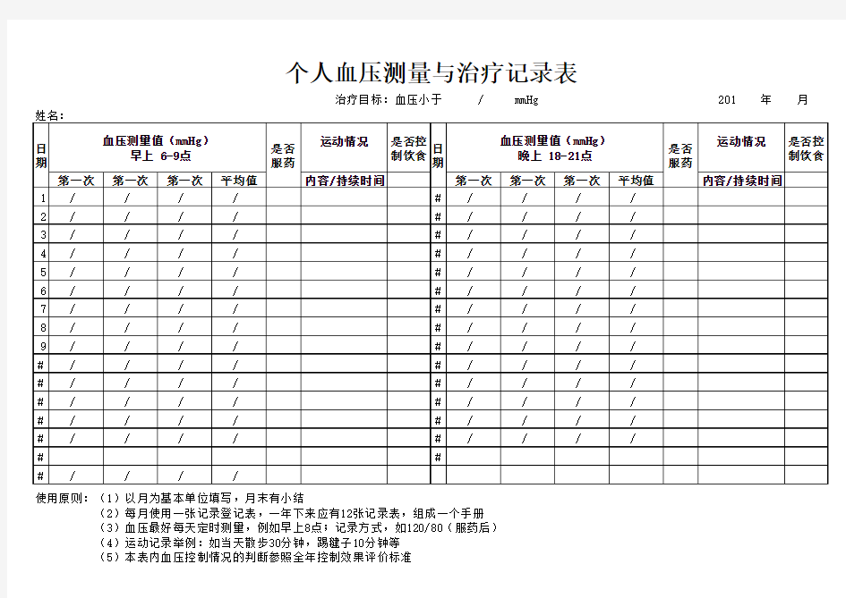 个人血压测量与治疗记录表