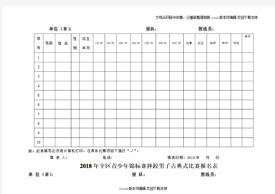 2020年全区青少年锦标赛田径比赛报名表甲组