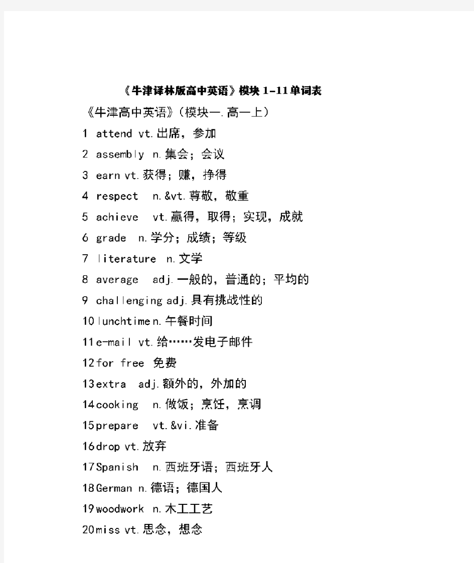 《牛津译林版高中英语》模块1-11单词表