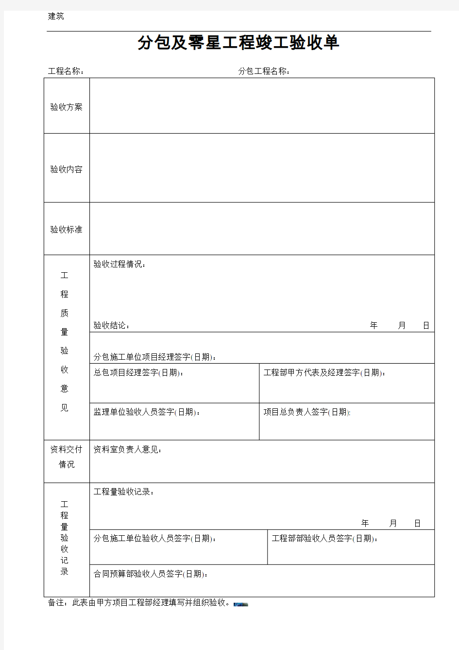 分包工程竣工验收单(格式空表)