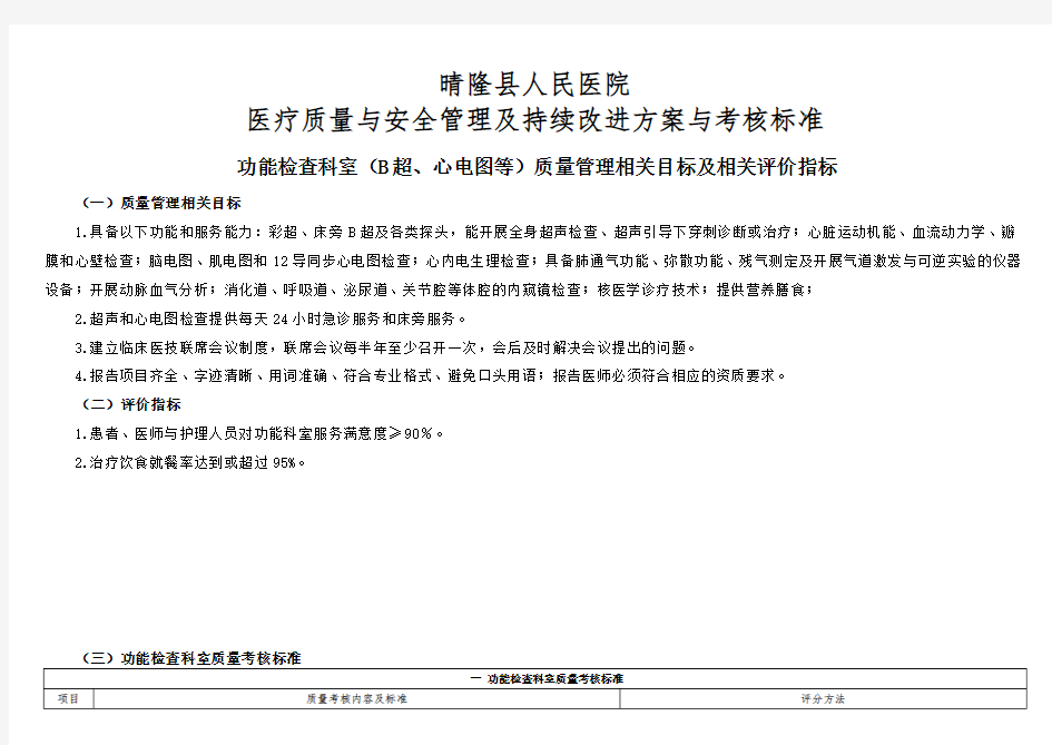 (功能检查科室)医疗质量管理与持续改进相关目标及质量考核标准