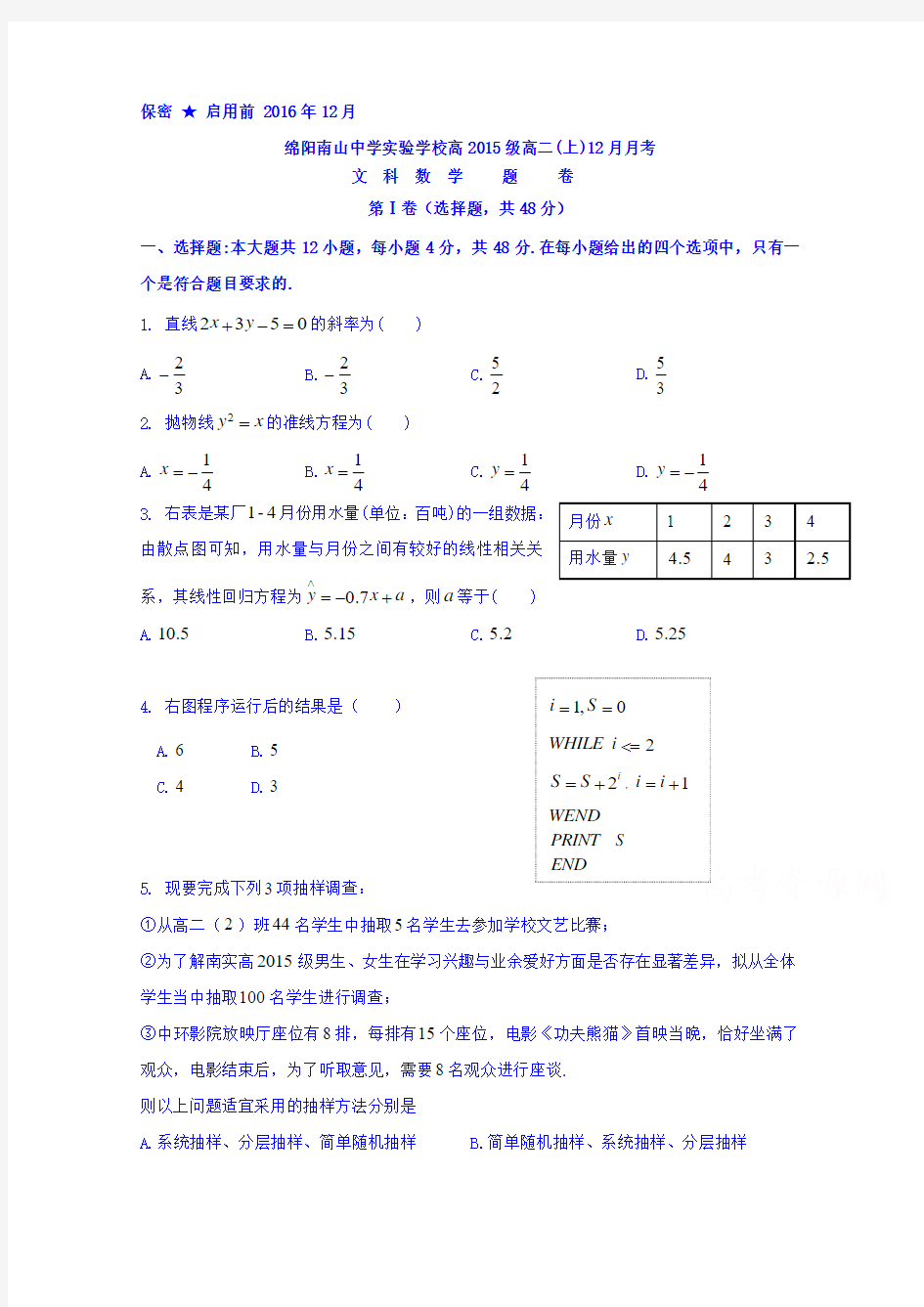 四川省绵阳市南山中学实验学校2016-2017学年高二12月月考数学(文)试题 缺答案