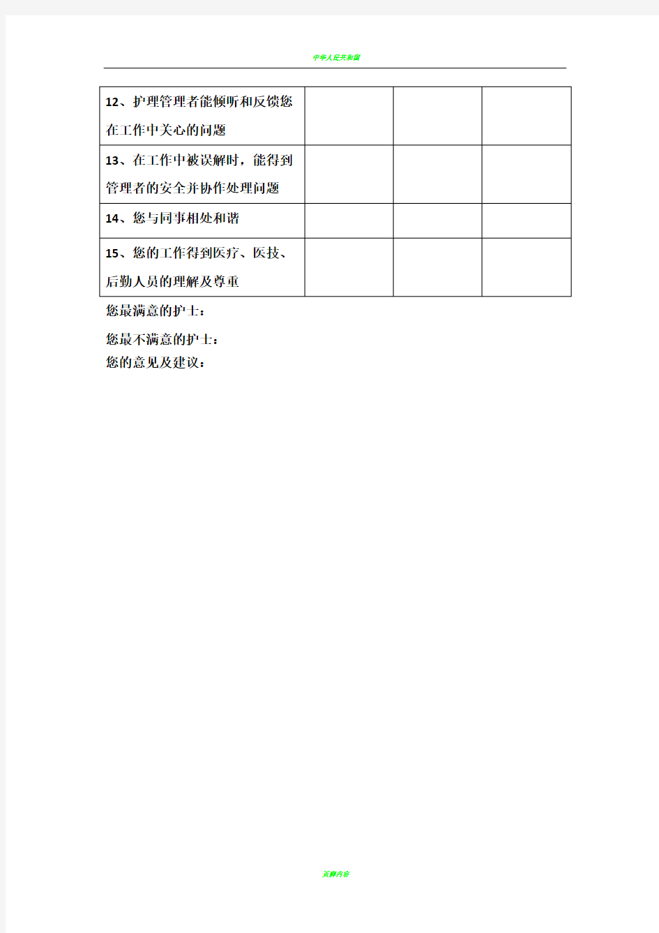 护士对护理工作满意度调查表