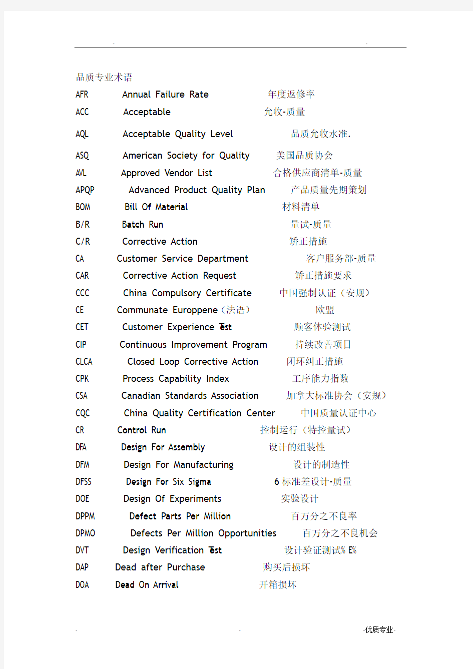 质量、品质专业术语